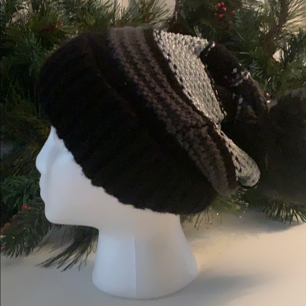 Black & Silver Knit Hat with Pom Pom NWT